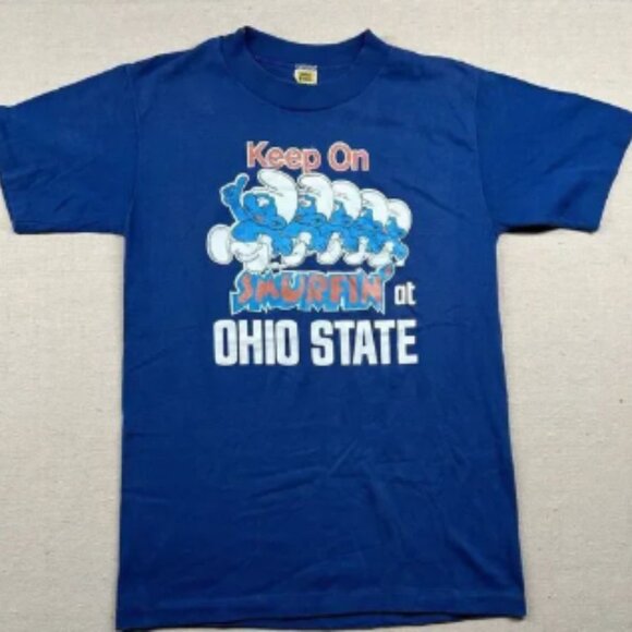 Vintage Ohio State Shirt Adult Medium (XS) Smurfs 1980s Velva Sheen Cartoon Blue - Picture 1 of 7